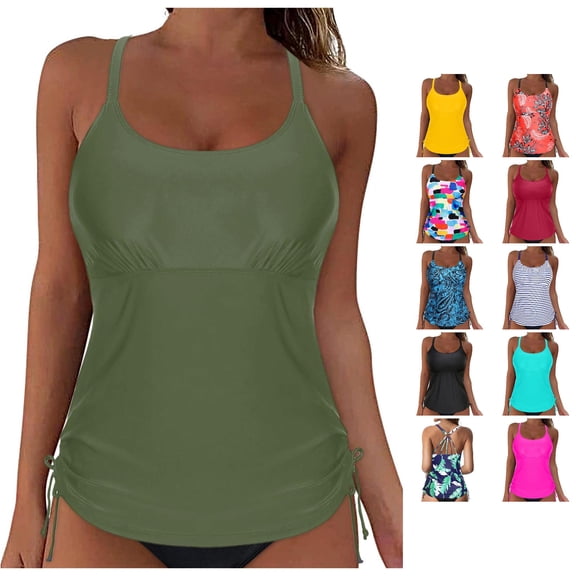 XIAONU Strappy Back Tankini Top for Women Solid Summer Coastal Swim Tank Top