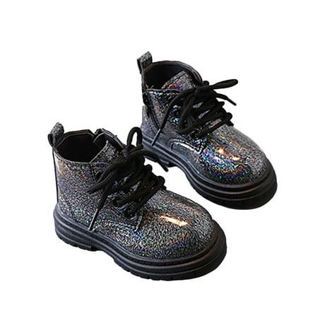 Huesdet Girls Boots Glitter Boot Winter Waterproof Side Zipper Lace-Up Walking Shoes for Toddlers Little KidBlack 5.5-6 Y