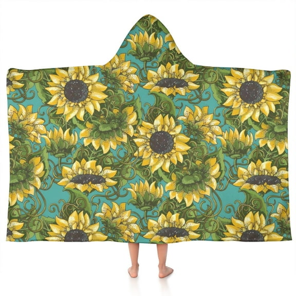 Blue Sunflower Vine Leaf Pattern Hooded Bath Towel,50"x30" for Ages 3 To 12 Kids, Quick Dry Lightweight Soft Microfiber Hood Beach Towel Cover Up for Kids