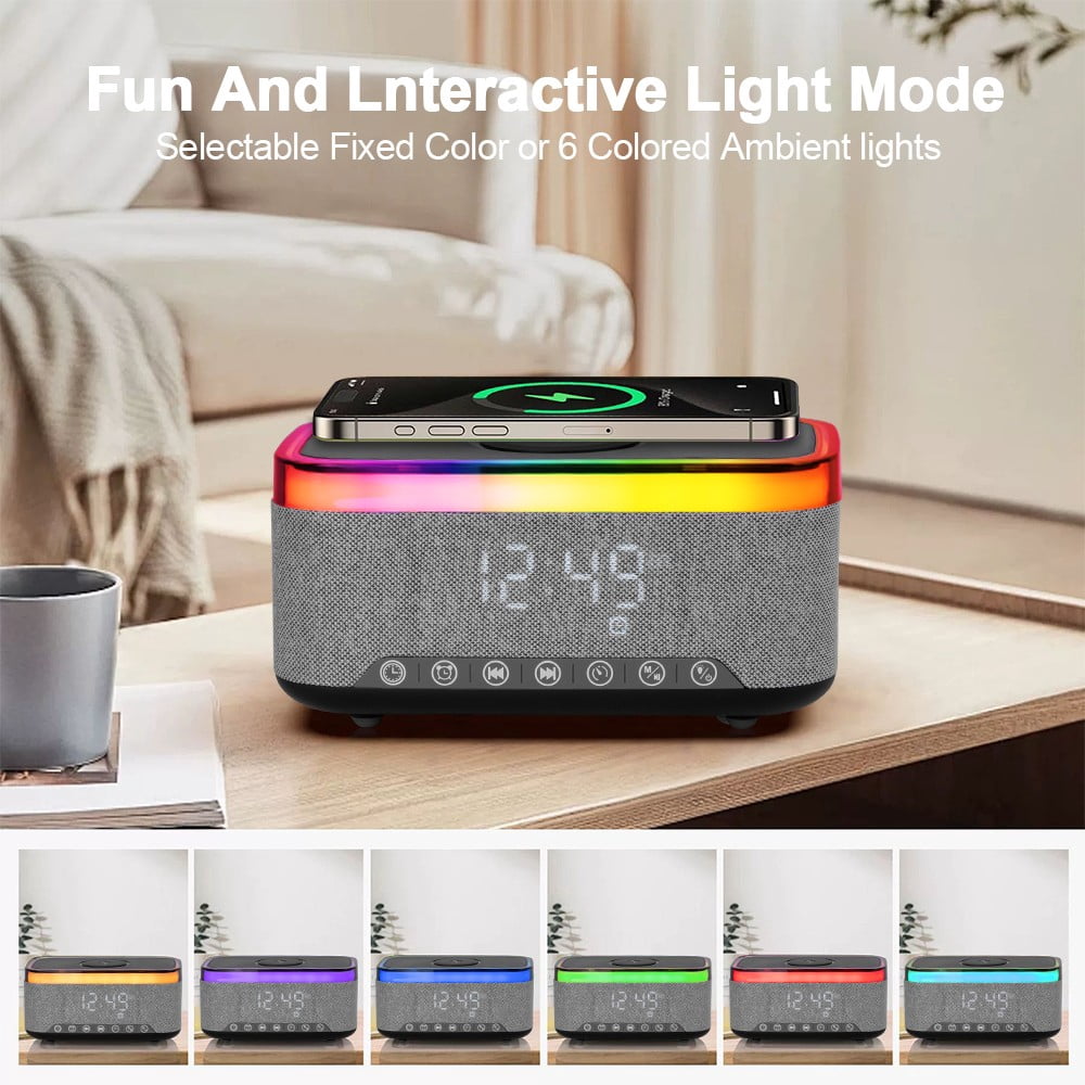 Wireless Charger,15W Fast Desk Wireless Charger Station for iPhone 17-12 Pro Max Plus Phone Wireless Charger with Bluetooth Stereo Speaker,Digital Clock Alarm,Colors Night Light