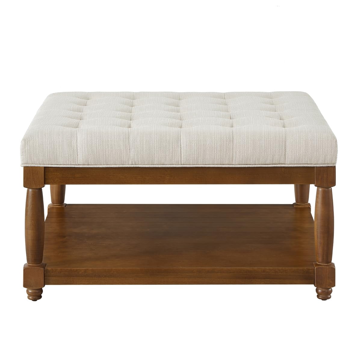 ODUWA Coffee Table Ottoman with Storage Shelf, Tufted Upholstered Footrest Stool, Solid Wood Base Accent Table for Living Room