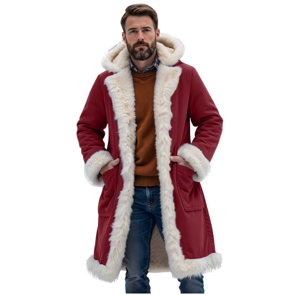 Mens Big Tall Shearling Coat Sherpa Fleece Lined Leather Jacket Warm Long Trench Hood Outwear for Christmas