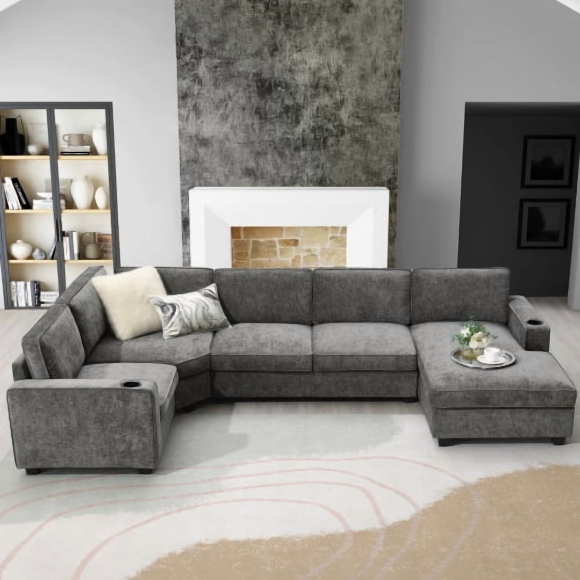 117.5" U-Shaped Chenille Sectional Sofa, 6-Seat Corner Couch Set with Cup Holders & Oversized Chaise Lounge, Irregular Corner Design for Living Room & Apartment, Gray