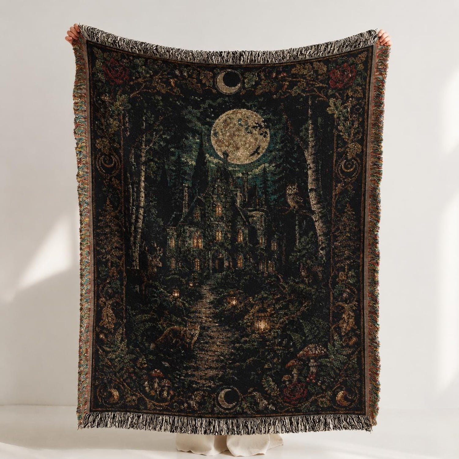 Moonlit Gothic Forest Woven Throw Blanket Cotton with Fringed Edges for Cozy Home Decor