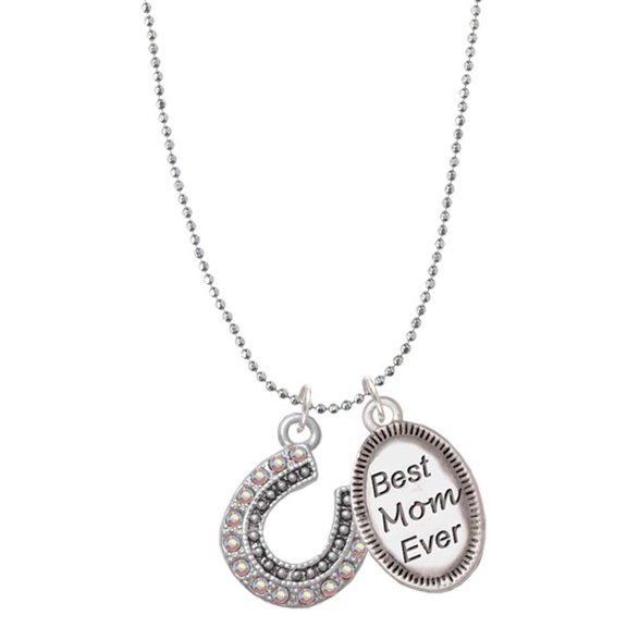 Delight Jewelry Silvertone Beaded Clear AB Crystal Horseshoe with Good Luck Best Mom Ever Charm Necklace