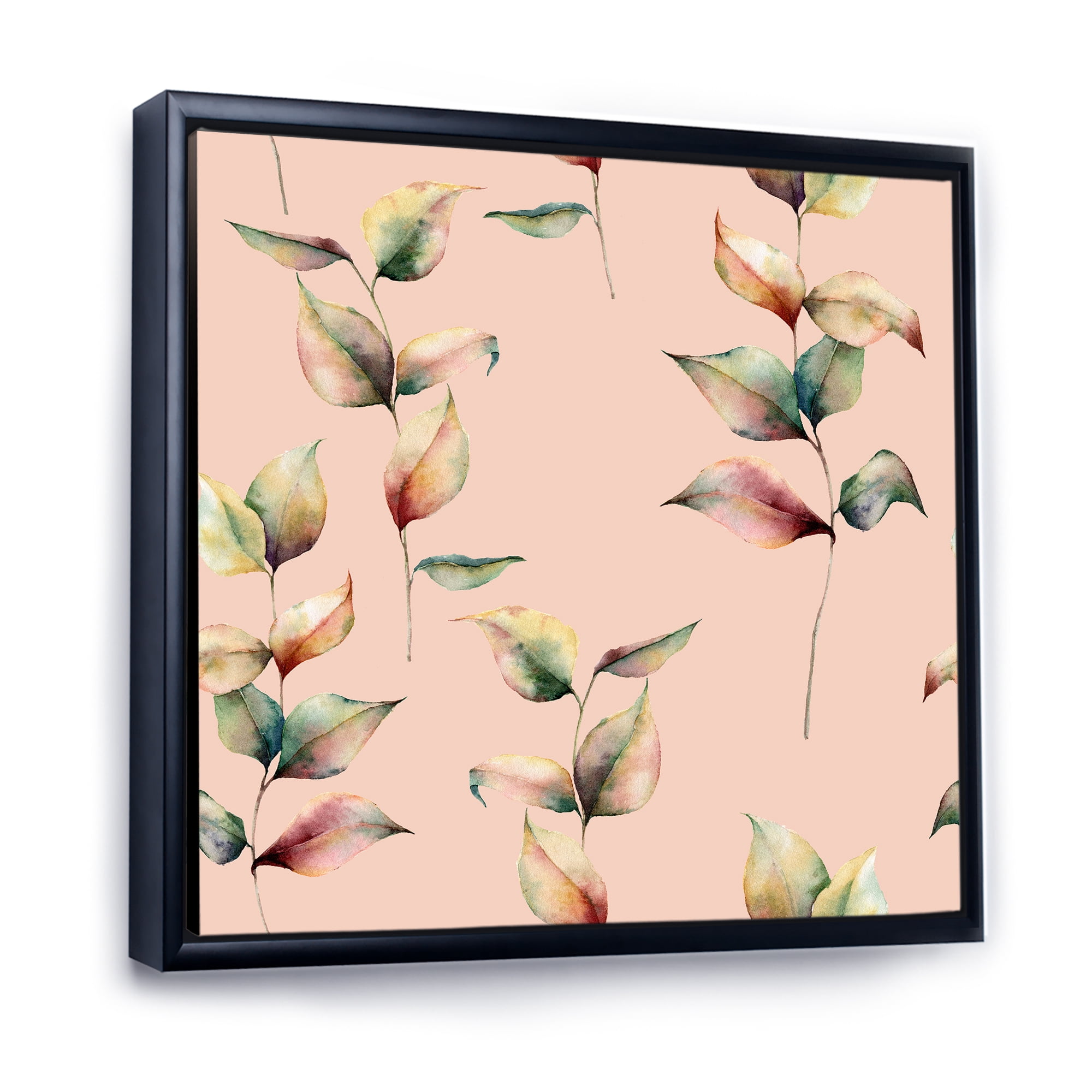 Autumn Pink Leaves with Branch On Pastel Colors 16 in x 16 in Framed Painting Canvas Art Print, by Designart