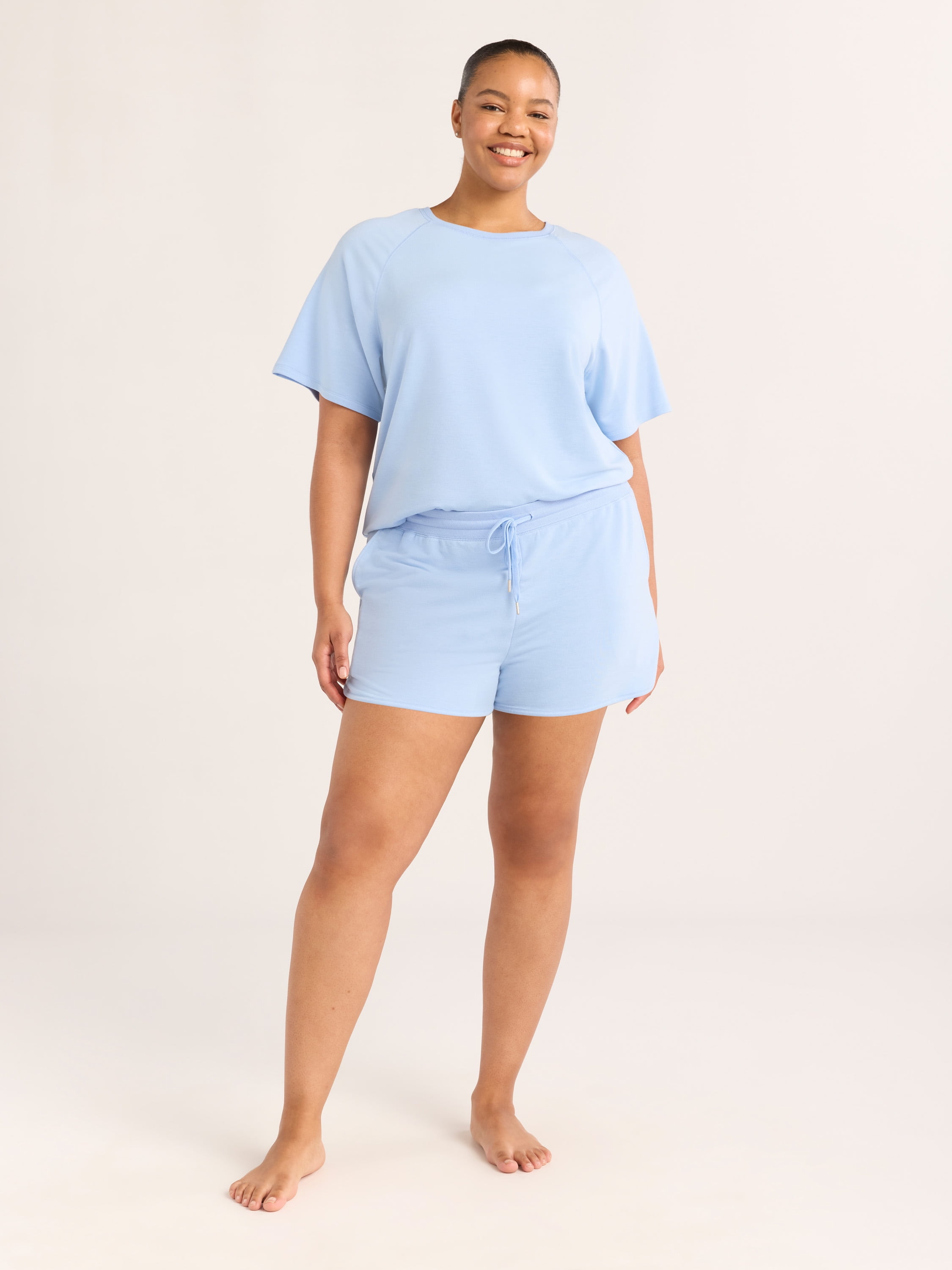 Joyspun Women's French Terry Short Sleeve Top and Shorts Set, 2-Piece, Sizes XS-3X