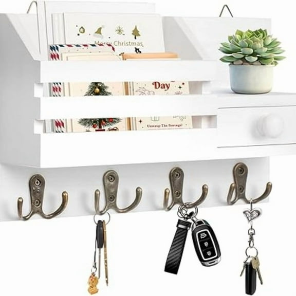 Key Holder Wall Mount, Wooden Adhesive Mail and Key Organizer with Drawer, Small Shelf, 8 Hooks, 2 Installation Methods, White