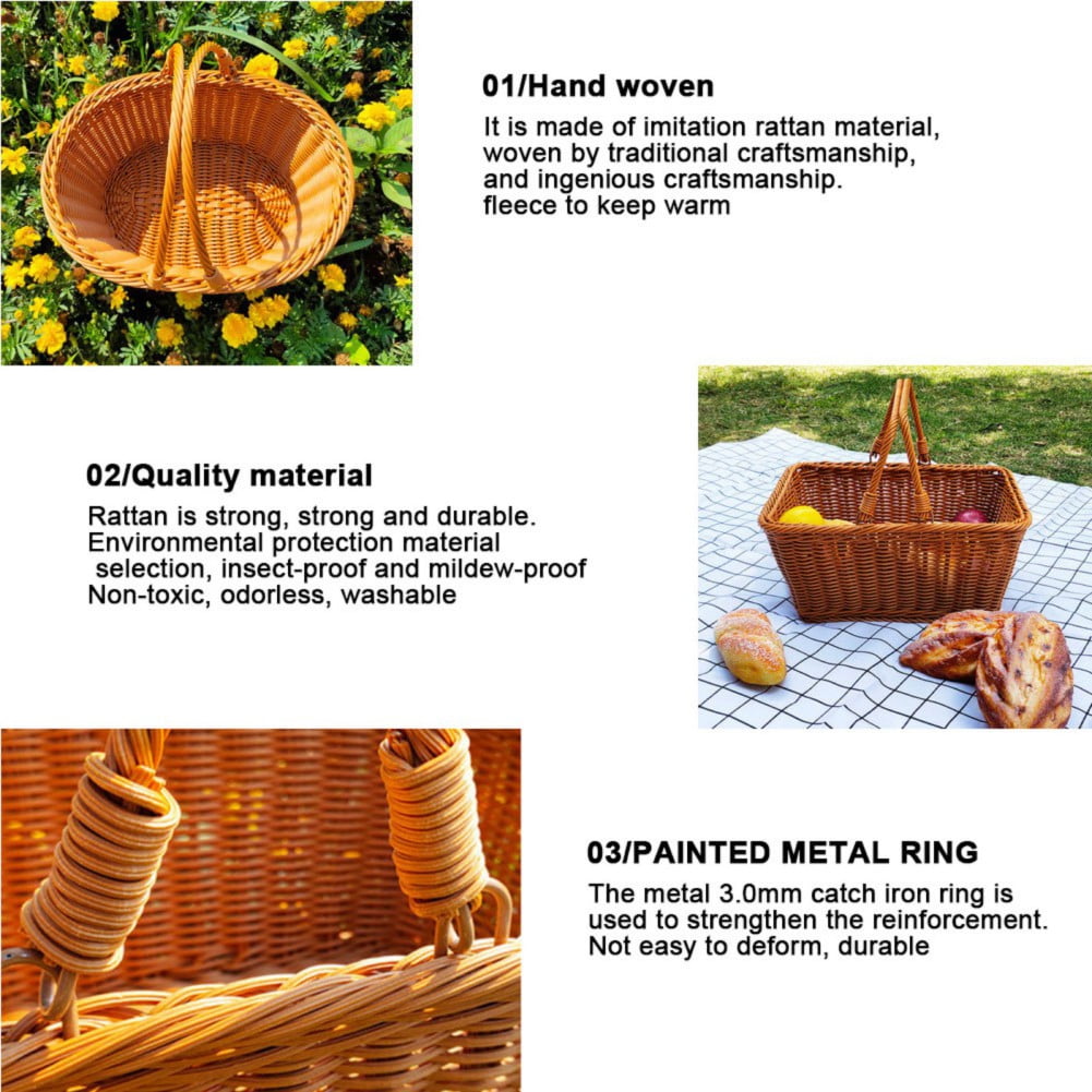 Wicker Picnic Basket with Double Folding Handles, Natural Large Hamper Empty Basket Cheap Easter Eggs Candy Storage Wine Basket for Toy, Flower, Wedding Gifts