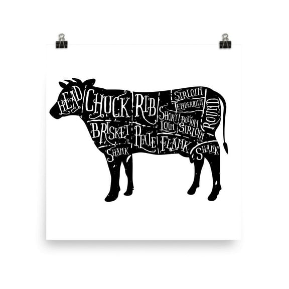 Butcher Cow Cuts Chart - Culinary Enthusiast - 13x19 Poster Print - Kitchen Decor