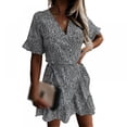 thumbnail image 1 of OUSITAID Women‘s Summer Wrap V Neck Polka Dot Print Ruffle Short Sleeve Mini Floral Dress with Belt, 1 of 2