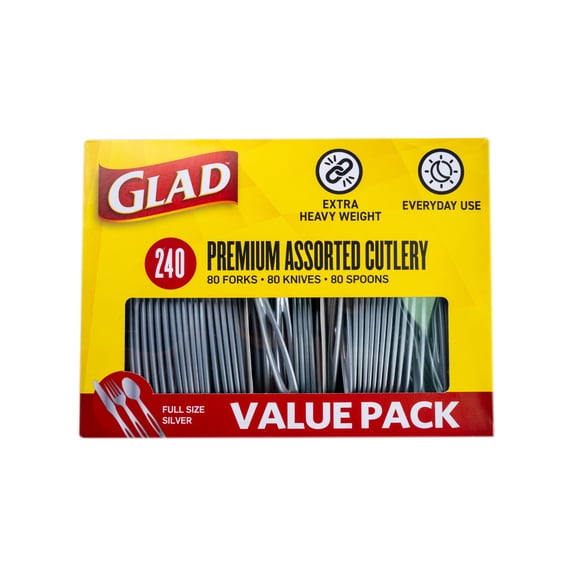 Glad Heavy Duty Silver Cutlery Mixed Forks Knives Spoons Disposable 240ct