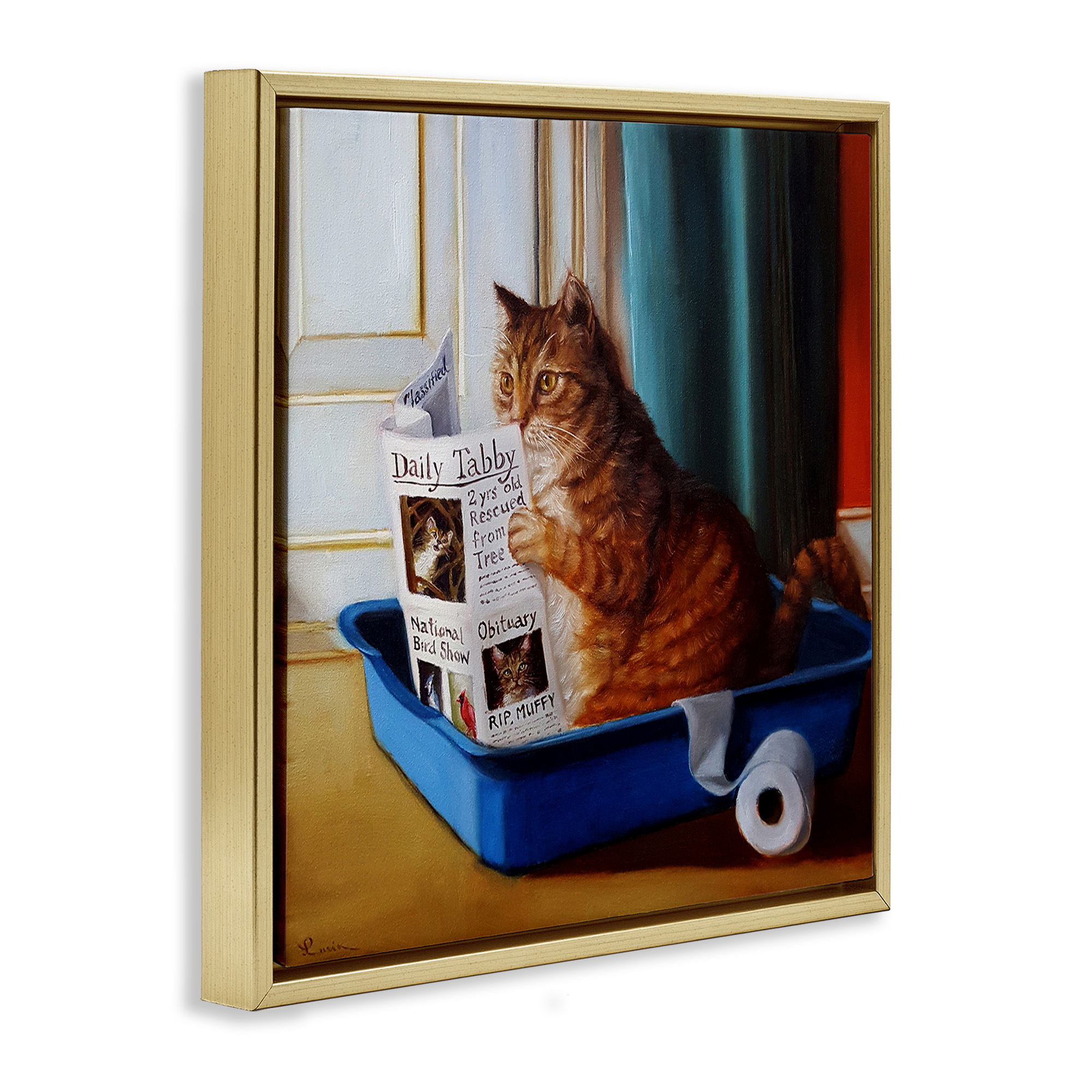 Stupell Industries Litter Box Reading Funny Cat Animals & Insects Painting Gold Floater Framed Canvas Art Print Wall Art, 18 x 18
