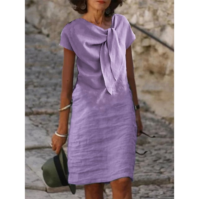 Robe Vintage en Coton et Lin Vêtements pour Femmes Été Décontractée à Lacets Col Rond Chic Tuniques Mode Midi Bleu Blanc Robes Vestidos