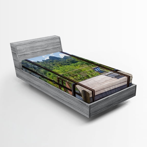 Ambesonne Summer Fitted Sheet, Sunny Day Mountain View, Twin Size, Pale Green Dark Green