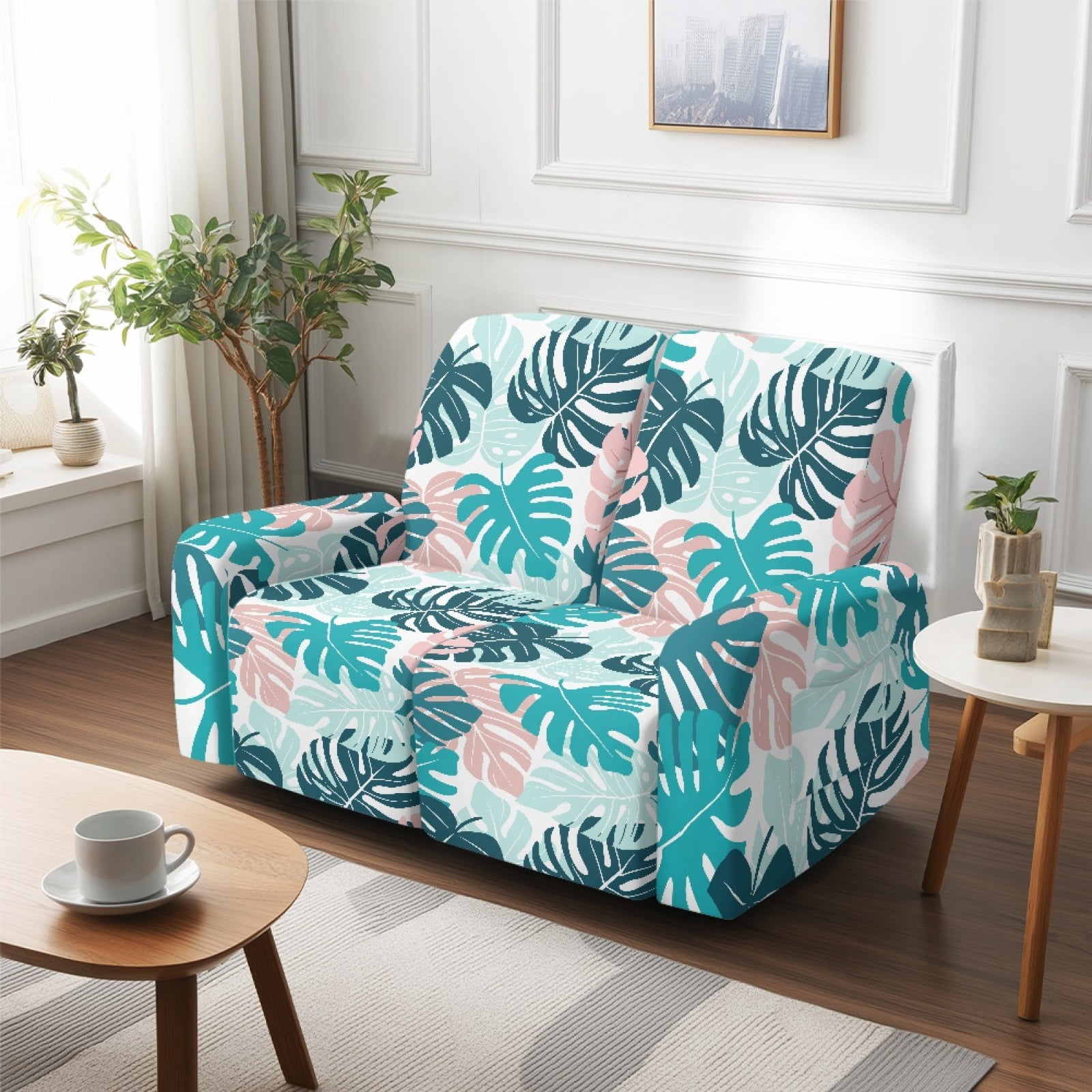 Xoenoiee Tropical Palm Leaves Print Stretch Recliner Loveseat Cover, 6 Pieces Recliner Slipcovers Soft Couch Cover for 2 Seater Non-Slip Furniture Protector with Pocket