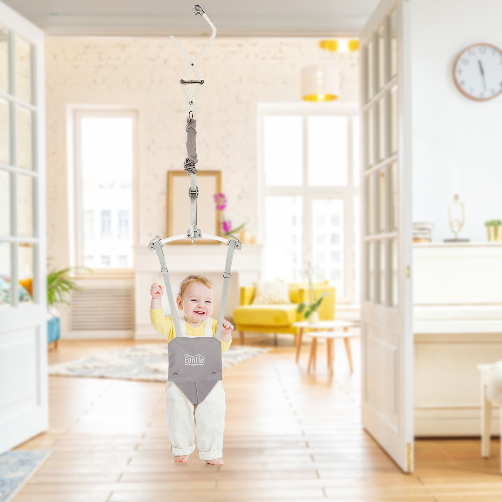 FUNLIO Baby Door Jumper for 6-24 Months (with Door Clamp), Baby Jumper Doorway with Strong Spring & Adjustable Strap, Portable Infant Door Bouncer, Bearing 40 Lbs, CPC & CE Certified-Gray