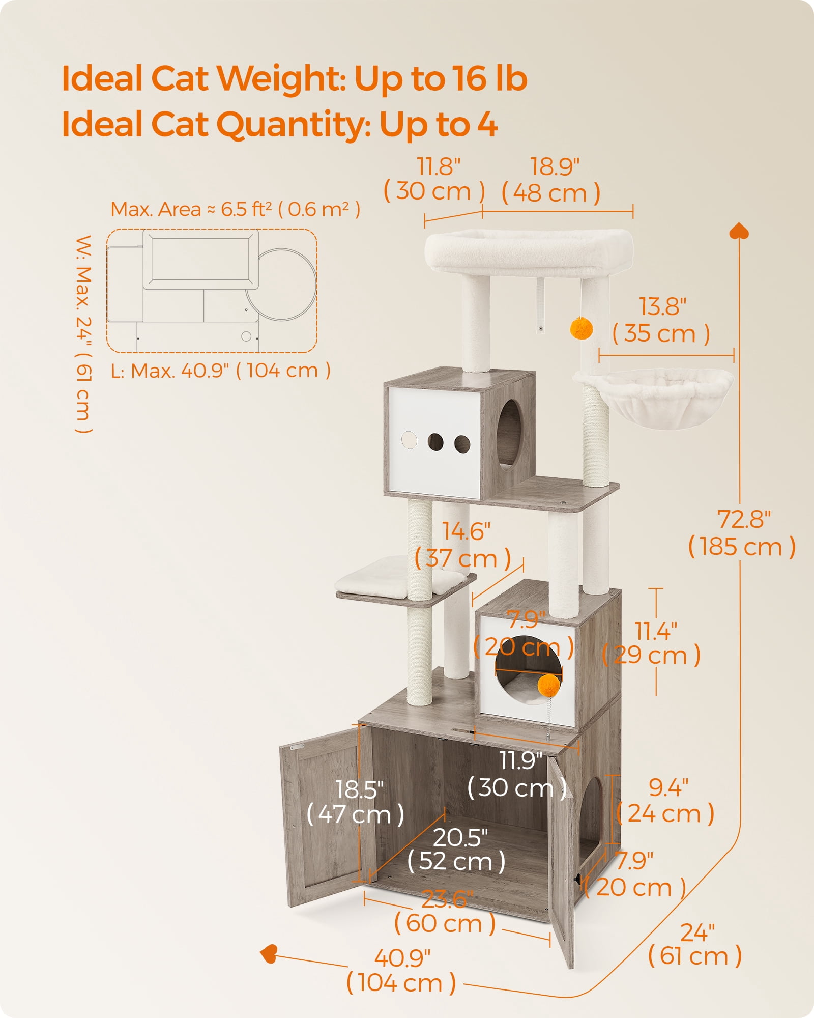 Cat Tree with Litter Box Enclosure - 2-in-1 Modern Cat Tower | 72.8-Inch Tall Condo with Scratching Posts, Perch, Caves, Basket, Washable Cushions, Greige