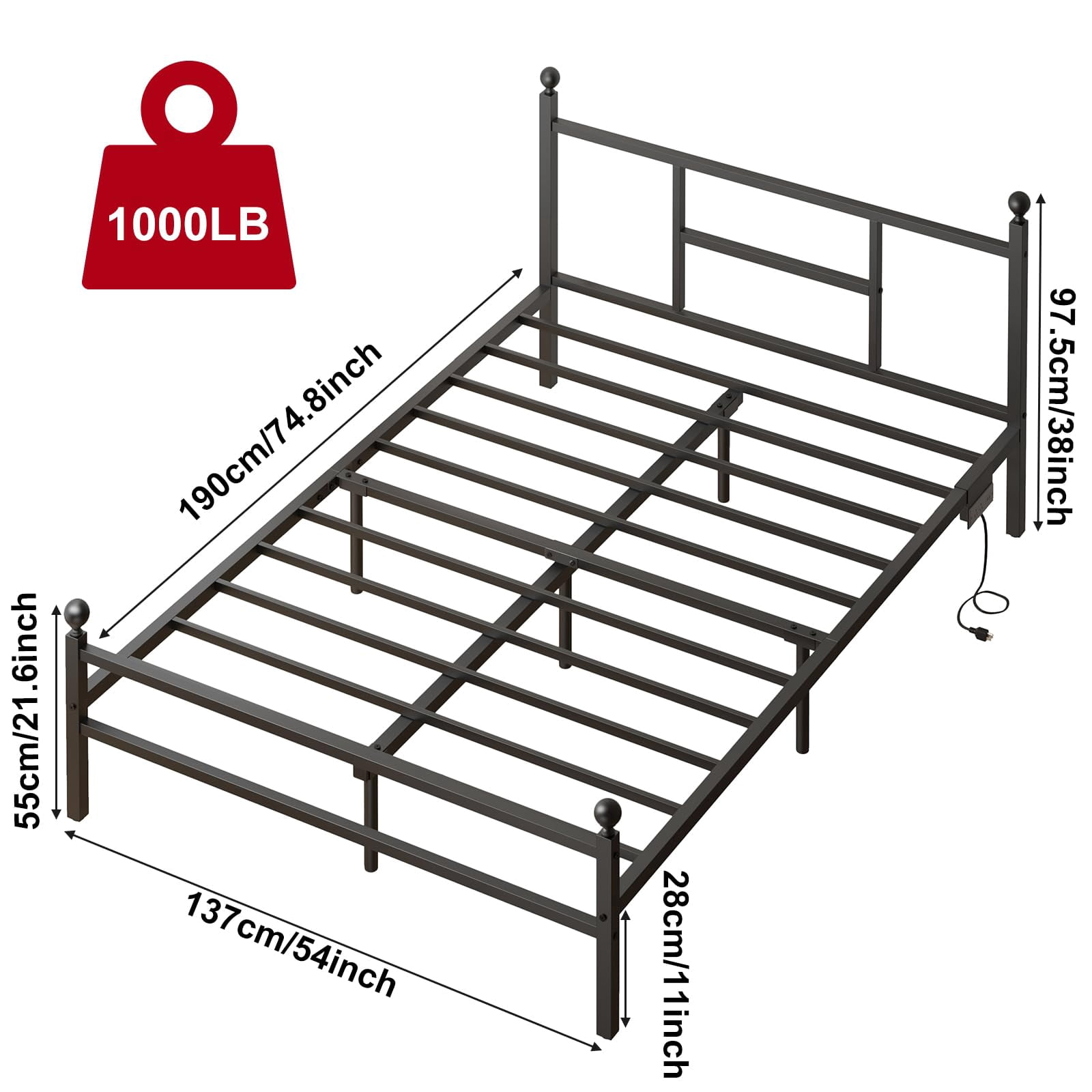 Fairy Full Size Bed Frame with Charging Station, Metal Frame with Power Outlet & Port, Black