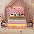 thumbnail image 3 of Twin Size Bed Frames with Led Lights & 2 Drawers,Girls Princess Velvet Upholstered Platform Bed with Headboard,Charging Station,Guardrail & Crystal Button, No Box Spring Needed,Pink, 3 of 9