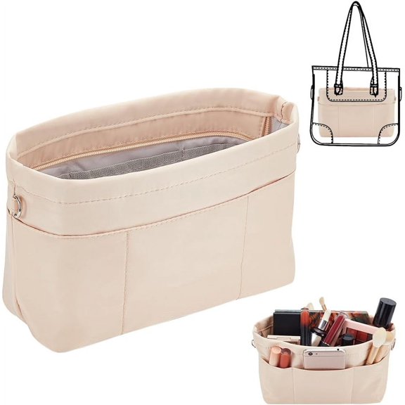 1pc Nylon Handbag Organizer Insert Tote Bag Organizer Insert Multi-Pocket Bag Organizer Inside Large Bag Divider Zipper Insert Bag Liner Storage Travel Bag in Bag 12x3.74x6.77 inch Apricot