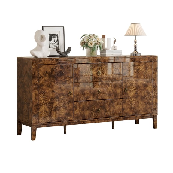 VanAcc 60'' High Gloss Burl Wood Buffet Sideboard, Storage Cabinet with 3 Drawers & 2 Closed Cabinets, for Dining Room, Dark Brown Burl