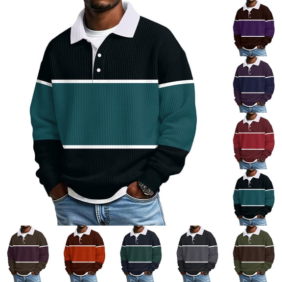 FRSASU Men's Waffle Polo Shirts Long Sleeve Striped Casual Polo T-Shirts Color Block Slim Fit Golf Polo Shirt Red