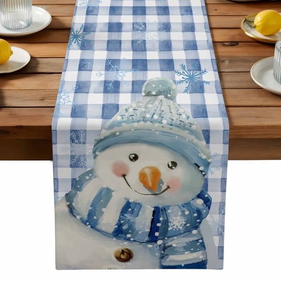 Blue Christmas Snowman Cotton Linen Table Runner for Dining Kitchen, Winter Snowflake Xmas Plaid Wedding Outdoor Party Tablerunners Decoration, Dresser Scarf Coffee Tablecloth Runners 13x108 Inches