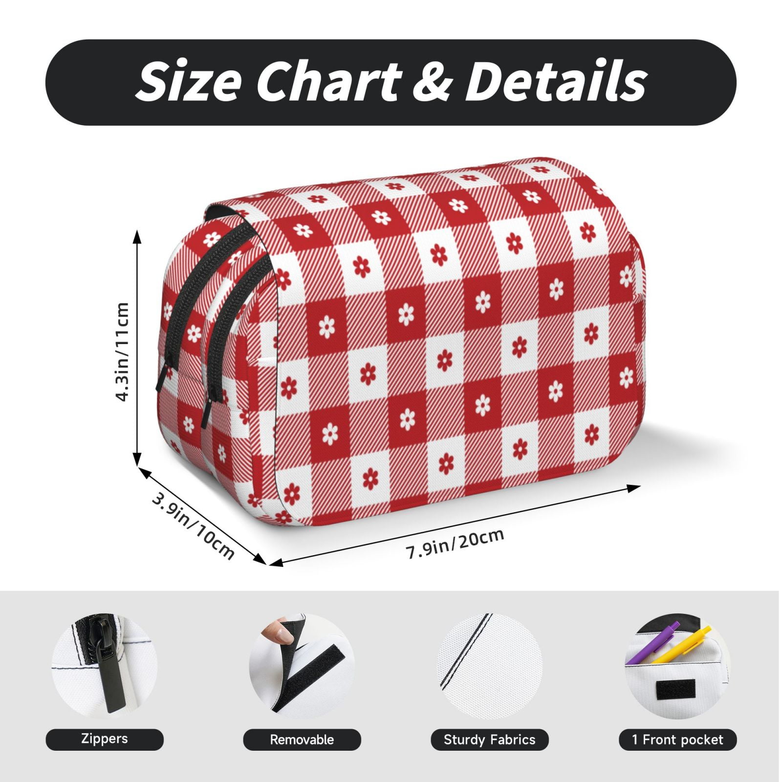Rateoe Red Plaid Daisy Pattern Double Clamshell Pen Case, Storage Organizer with Two Zipper Compartments– Holds Up to 50 Pencils & Pens