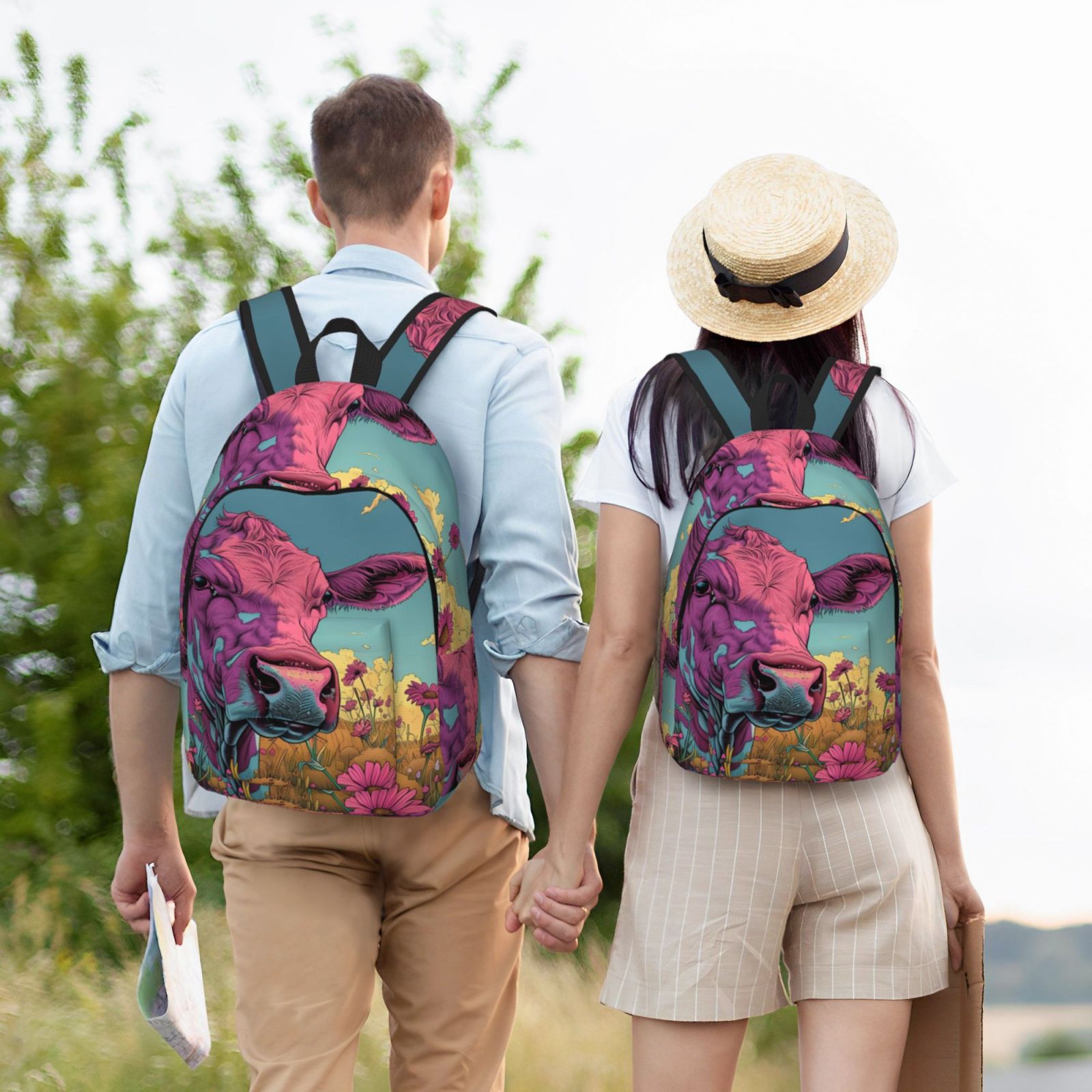 Picia Pink Cow In Sunflower Field Printed Canvas Daypack - Stylish and Durable Vintage Compact Backpack - Class, Work, Travel, or Laptop Bookbag,Organized Compartments-Medium