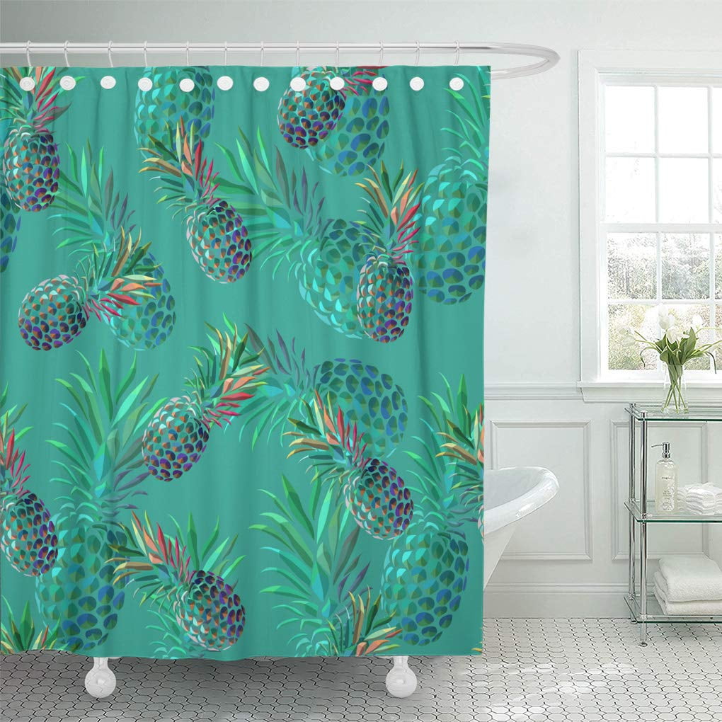 CYNLON Blue Bright Colorful Pineapple Pattern Green Color Cyan Exotic Bathroom Decor Bath Shower