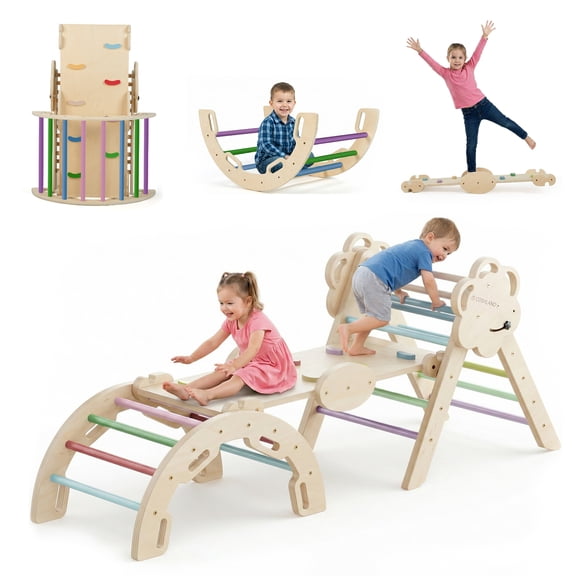 COSYLAND Pikler Triangle Set - Foldable Indoor Jungle Gym for Toddlers 18M-6Y, 8-in-1 Toddler Gym with Play Accessories, Anti-Tip Design
