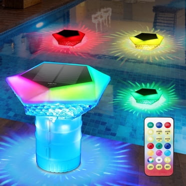 HAARAY Solar Pool Chlorine Tablet Floater with Colorful Projection Lights & Remote, Floating Chlorine Dispenser for Pool Spa Hot Tub with Lock and Adjustable Flow Fits 4x3" Tablets Holder, 1PCS