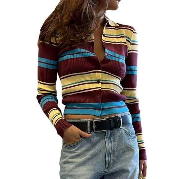 Womens Rugby Shirt Striped Tops Long Sleeve Fall Tops Y2k Preppy Tee Shirts S