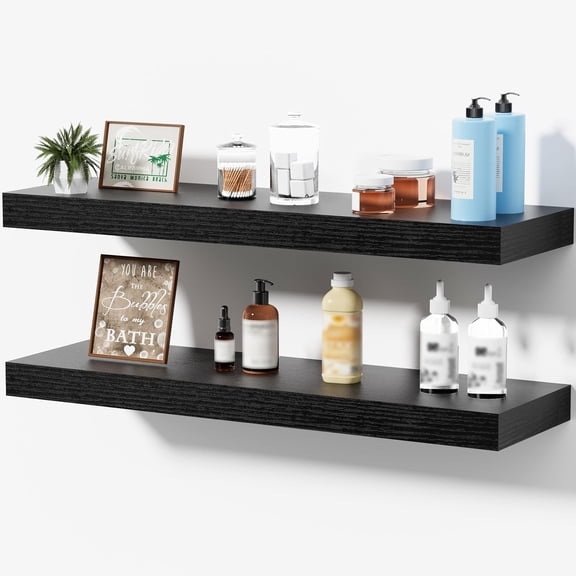 Floating Shelves for Wall, Bathroom Shelves Over Toilet, Wall Shelves & Book Shelf for Room, Hanging Shelf, Modern Wooden Mounted Floating Shelves, 24x7x1.5 in (Black, Set of 2)