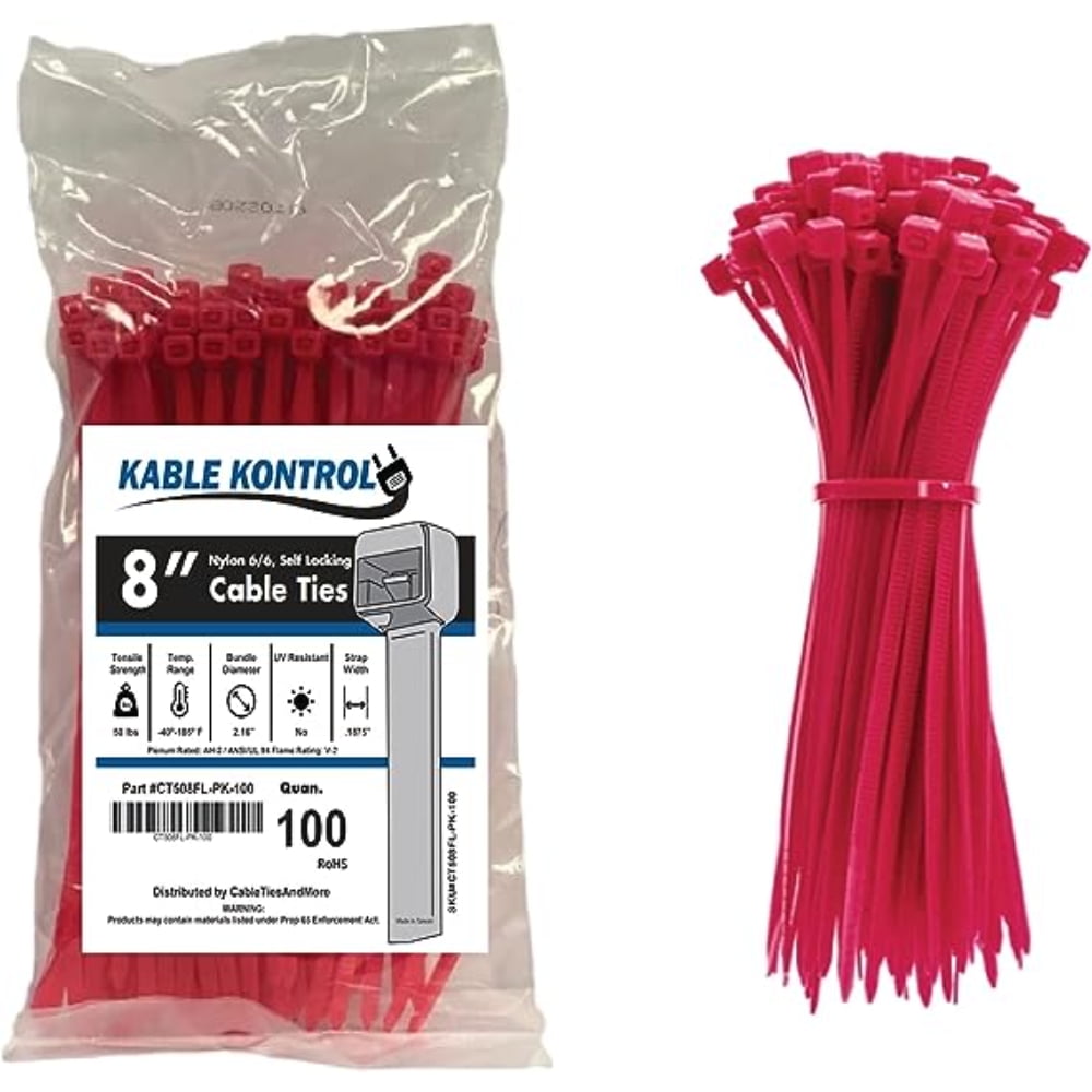 Kable Kontrol Zip Ties 8" Long 100 Pc Pk Fluorescent Pink color