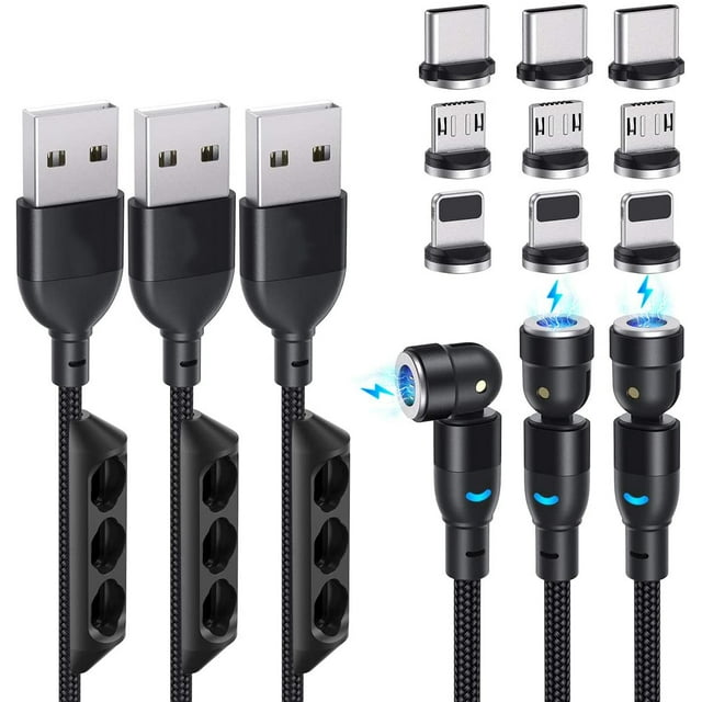 540 Degree Magnetic Charging Cable Nylon Braided 3A Fast Charge Magnetic Data Cable Universal 3 in 1 Magnet Phone Charger Compatible with Micro USB, Type C, i-Product Devices 6ft 3Pack