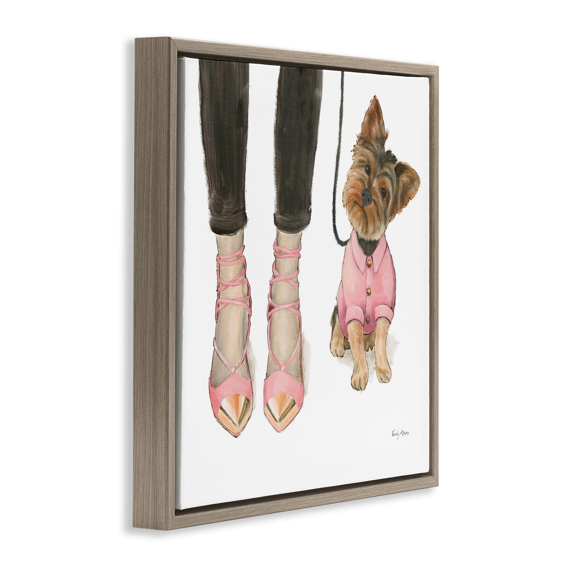 Stupell Industries Glam Dog Walk Pink Heels Beauty & Fashion Painting Brown Floater Framed Canvas Art Print Wall Art, 25 x 25