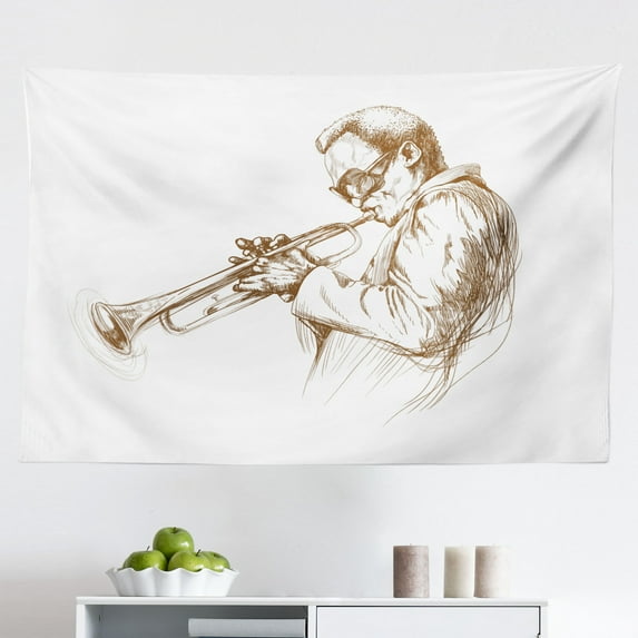 Music Tapestry, Illustration of Old Saxophone with Template Solo Vibes Art Print Design, Fabric Wall Hanging Decor for Bedroom Living Room Dorm, 2 Sizes, Yellow Black White, by Ambesonne