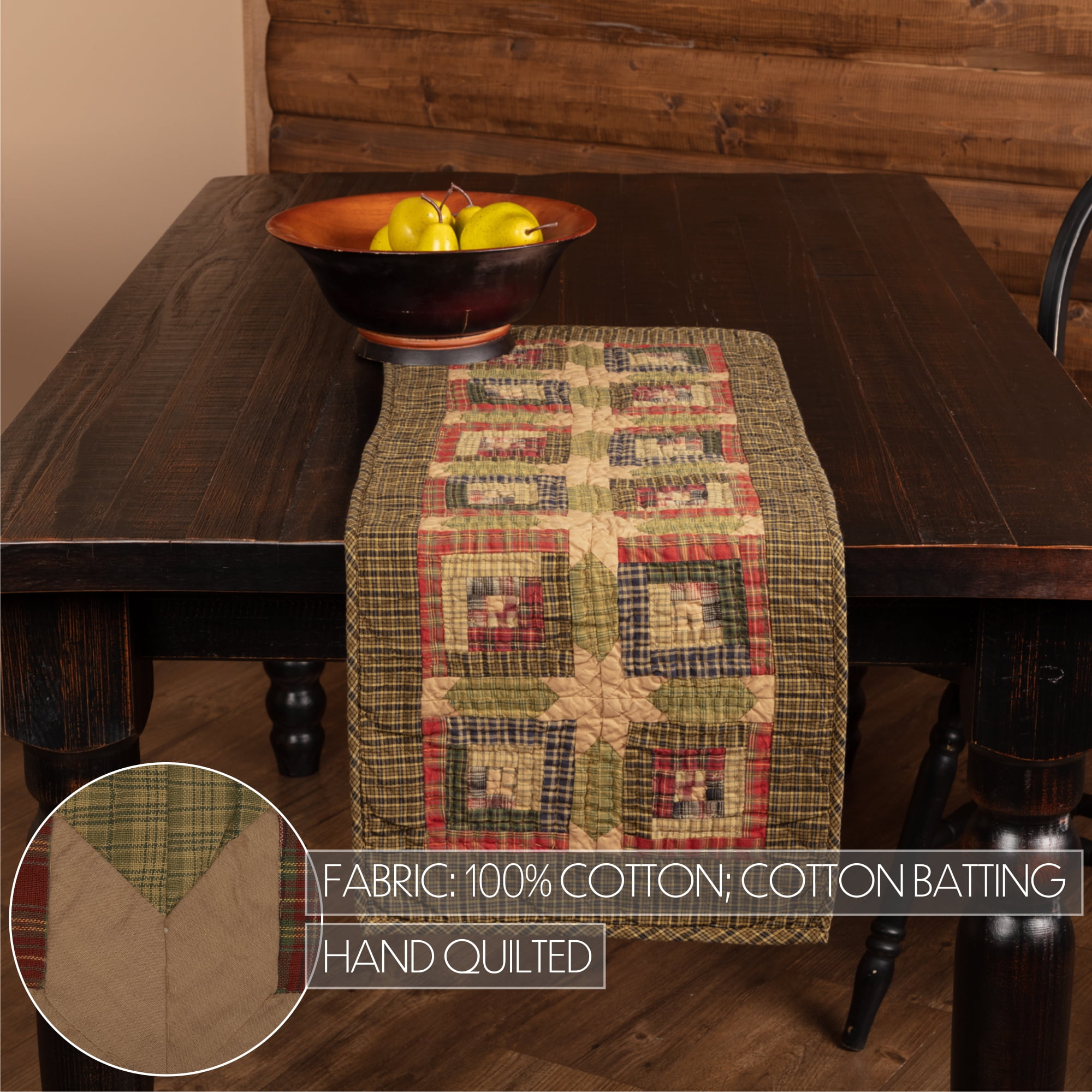 VHC Brands Tea Cabin Rustic 13"x36" Table Runner Green Patchwork Cotton Hand Quilted Rectangle Kitchen Table Decor