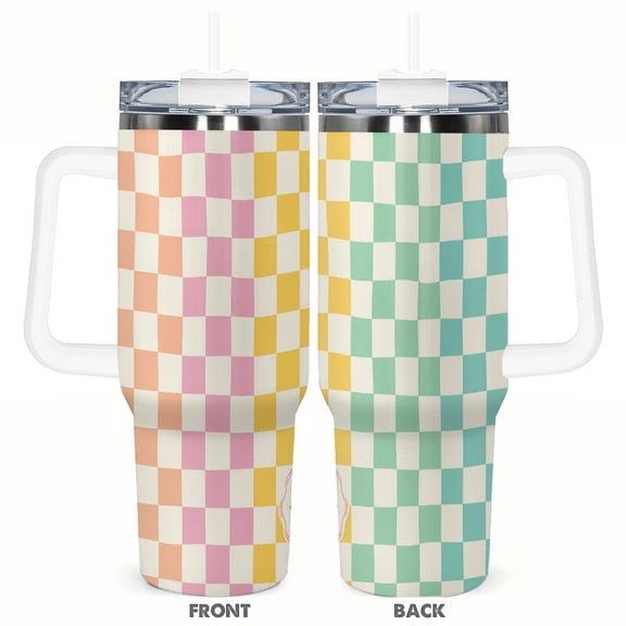 40oz Pastel Checkered Daisy Tumbler with Handle and Straw Stainless Steel Insulated Car Cup Travel Coffee Cup Gift for Women