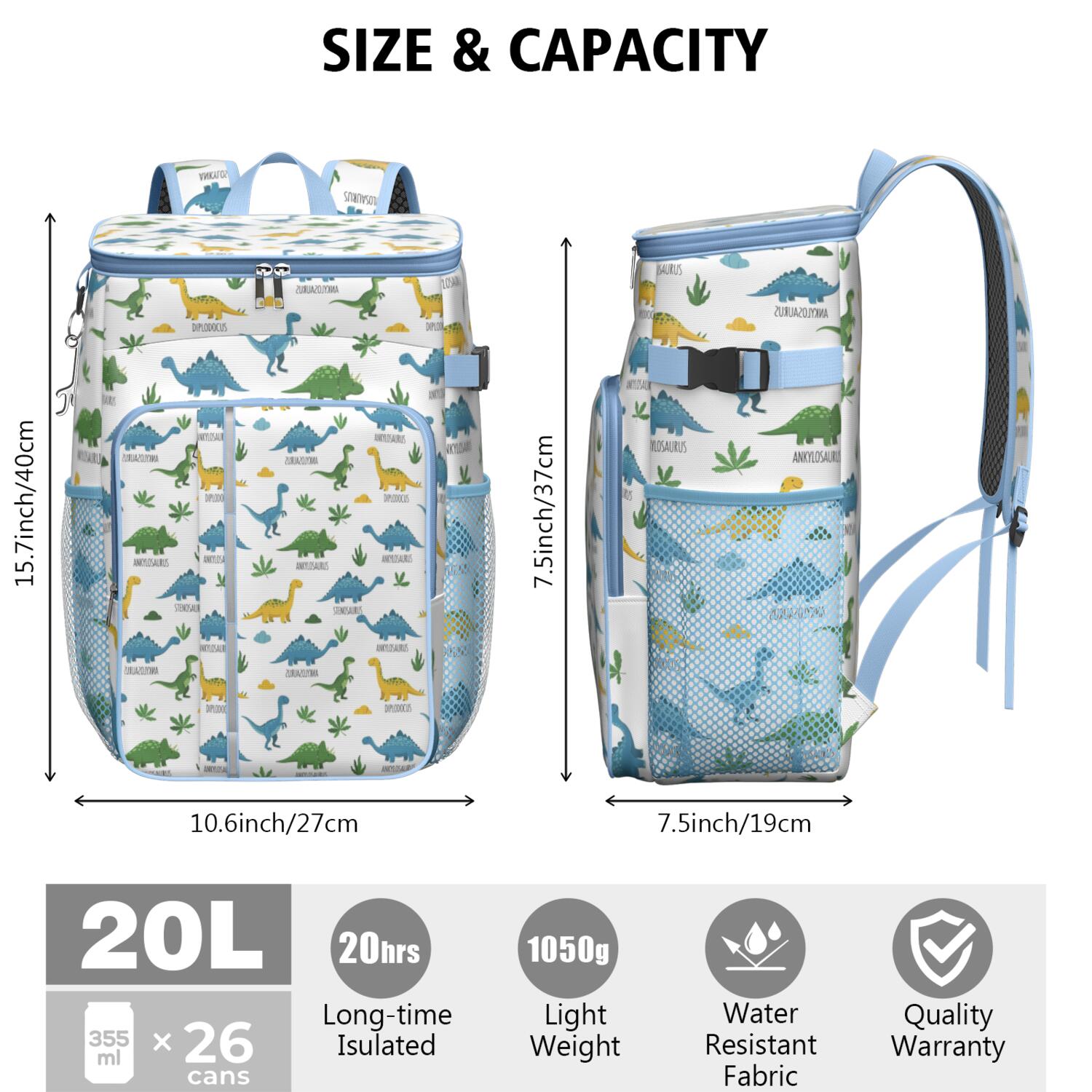 Travel Cooler Bag - Dinosaur Pattern with Names Camping Beer Cooler Backpack with Bottle Opener- Waterproof Insulated Picnic Backpacks - Cooler Bag for Beach
