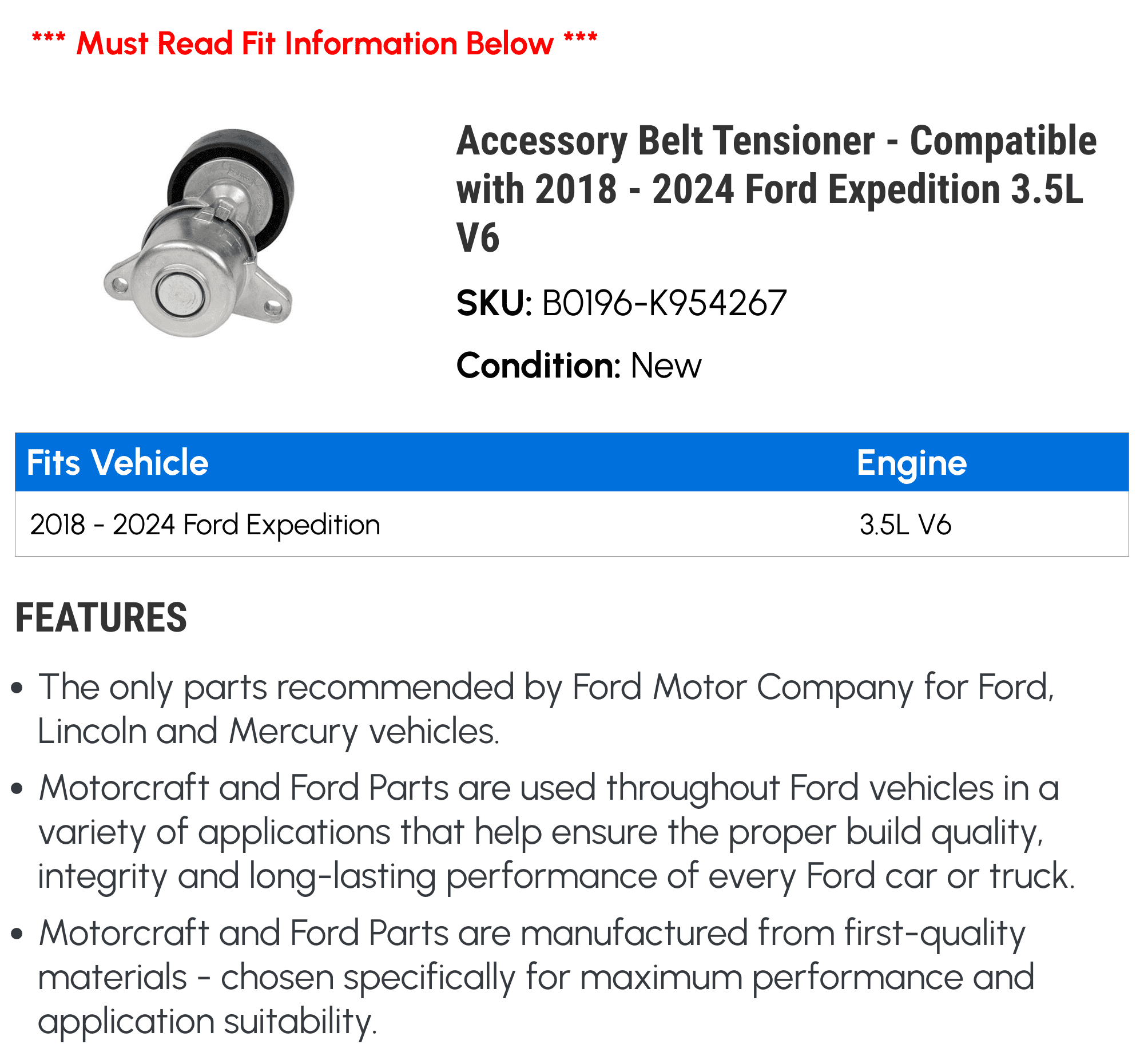 Accessory Belt Tensioner - Compatible with 2018 - 2024 Ford Expedition 3.5L V6 2019 2020 2021 2022 2023