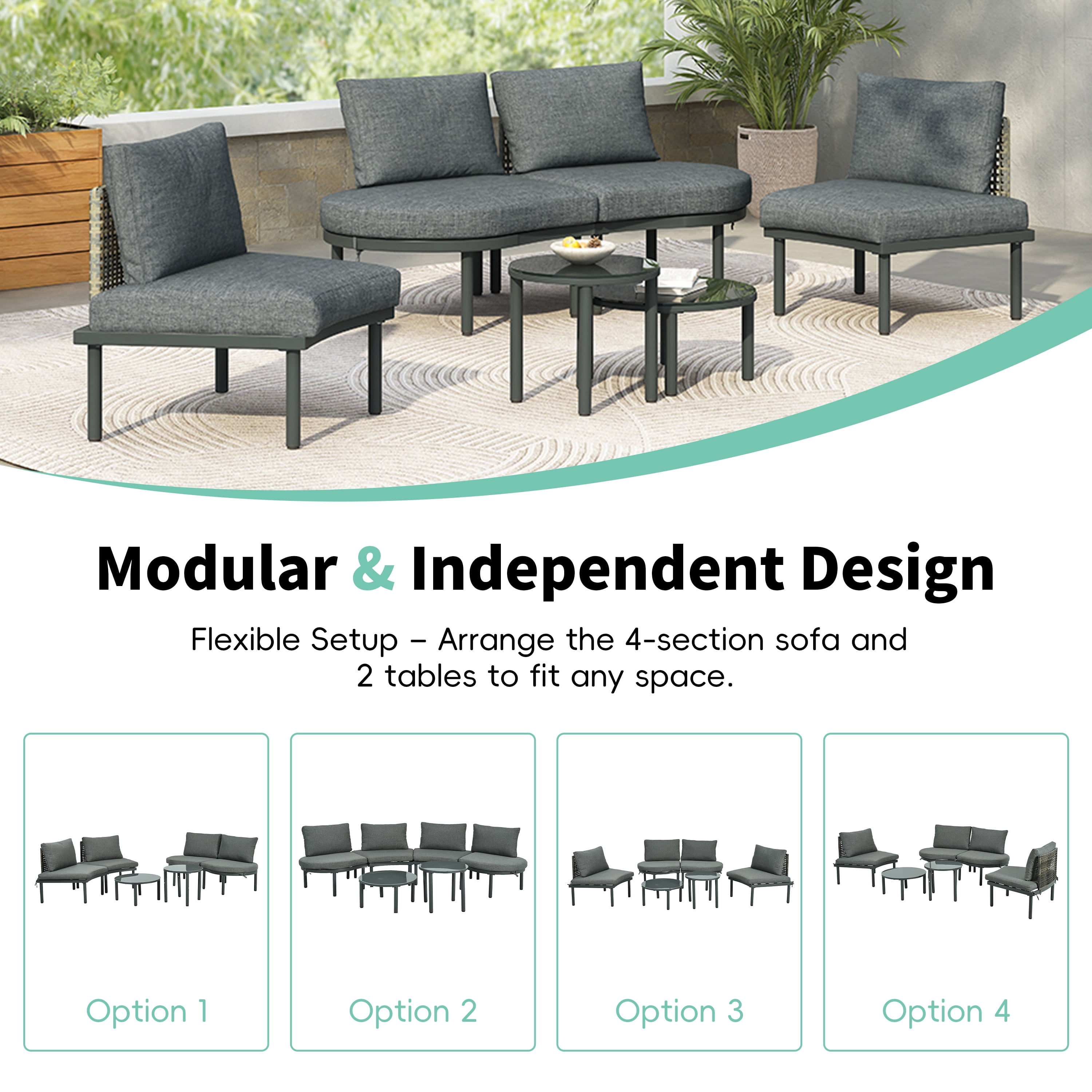 Upgrade Patio Furniture Set, Seizeen 6-Piece Half-Moon Patio Sofa Set, Modular Outdoor Sectional with 2 Round High-Low Coffee Tables, PE Wicker & Aluminum Frame, Tempered Glass Top, Cushions & Pillow