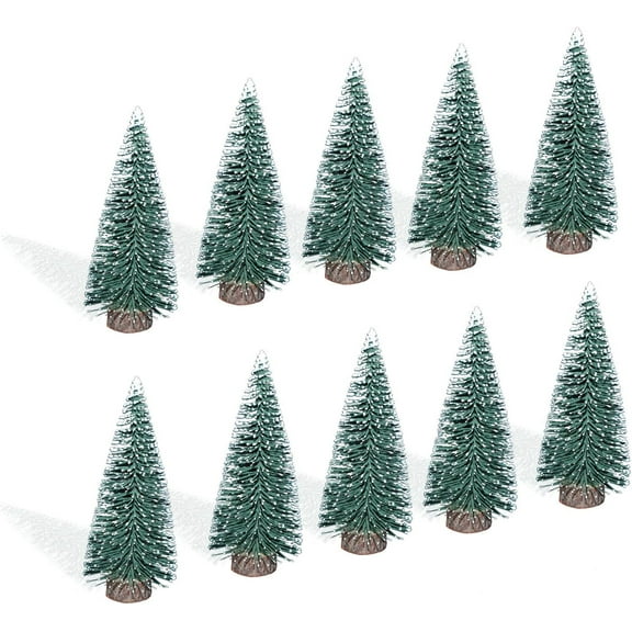 10Pcs 4inch Mini Christmas Tree Bottle Brush Trees Chrismas Village Trees Ornaments Mini Plastic Christmas Trees with Wooden Base for Christmas Decoration Miniature Chrismas Tree