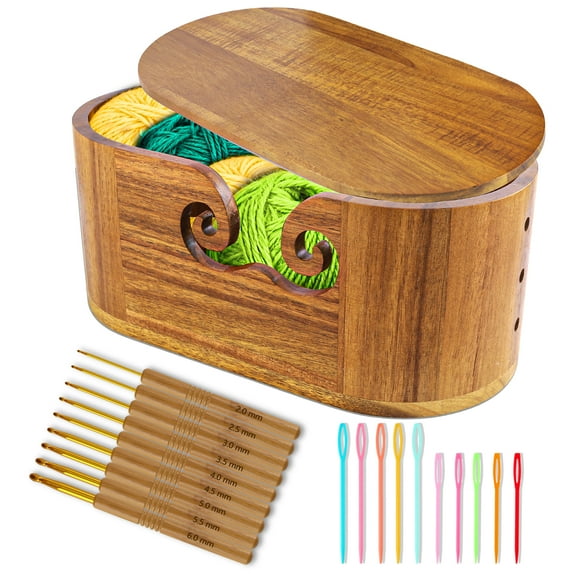 Yalumo Large Yarn Bowl for Crocheting, Acacia Wood Crochet Yarn Bowl with Lid for Knitting Storage, Handmade Wooden Wool Ball Holder, Gifts for Knitters and Crochet Lovers