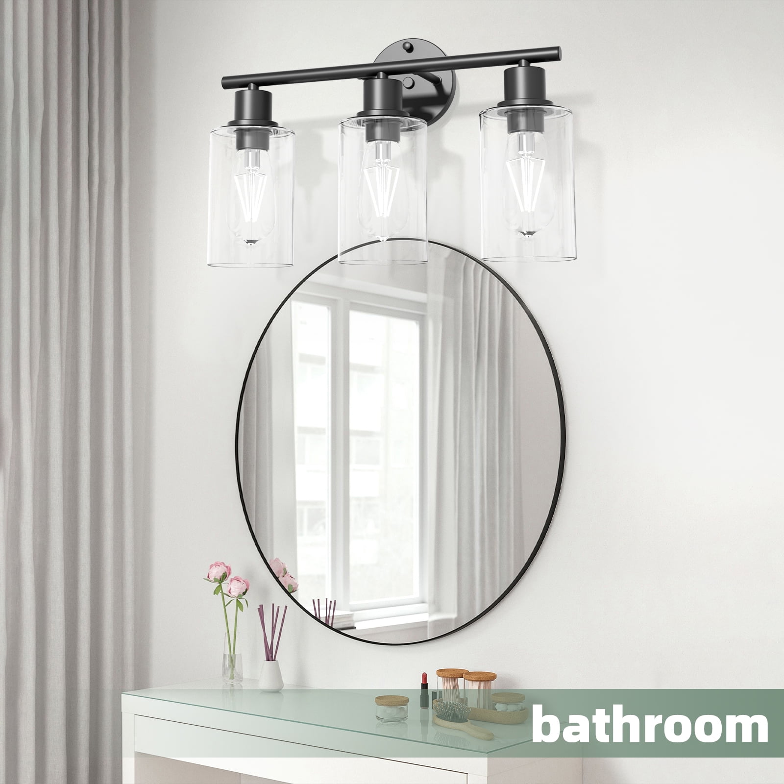 Cshidworld 3-Light Black Dimmable Vanity Light with Clear Glass Shade