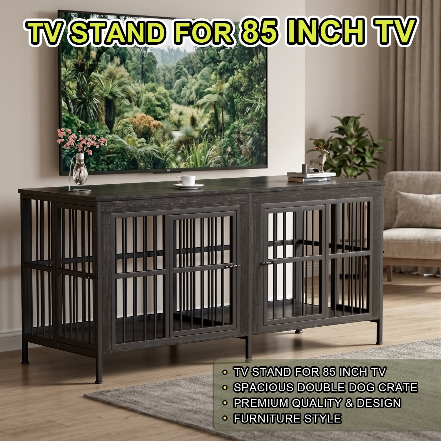 YOKWOK 78 Inch Dog Crate Furniture for Medium/Large Dogs with Removable Divider, Double-Doors Dog Kennel Furniture,Thick Wooden Dog Cage Furniture, Black