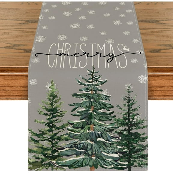 Pine Tree Snowflake Merry Christmas Table Runner, Seasonal Winter Xmas Holiday Kitchen Dining Table Decoration for Indoor Outdoor Home Party Decor 13 x 48 Inch