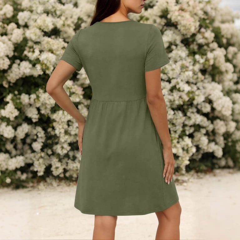 Inverlee V Neck Short Sleeve Dresses for Women Casual Pleated Loose Fit  Solid Color Mini Dresses Soft Stretch Swing Dresses Army Green L -  Walmart.com